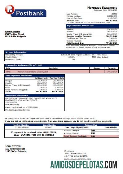 Declaração de hipoteca do Banco Postbank da Bulgária exemplo real
